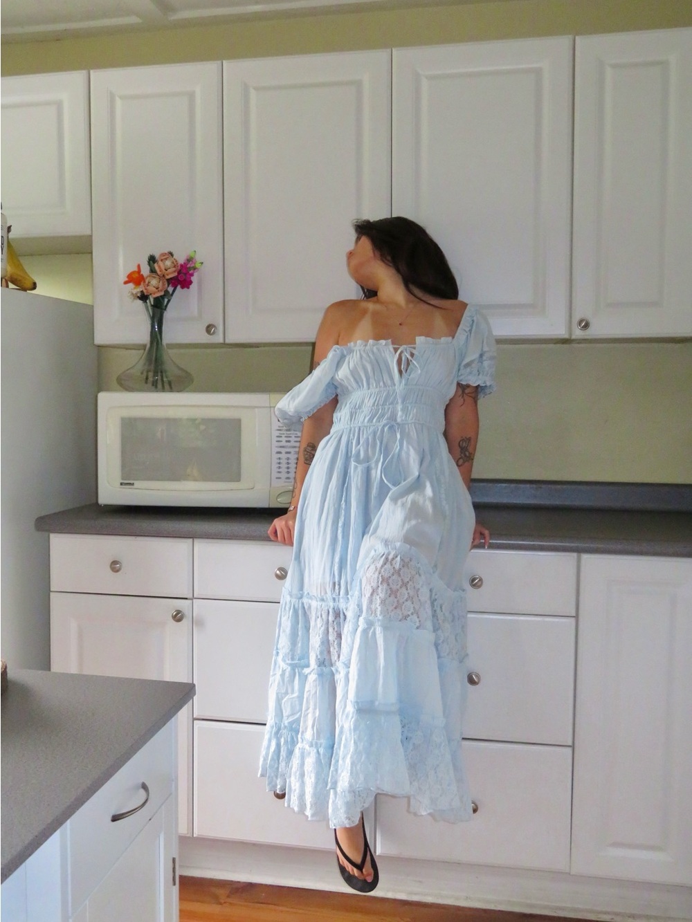 Light Blue Lace Panel Maxi Dress